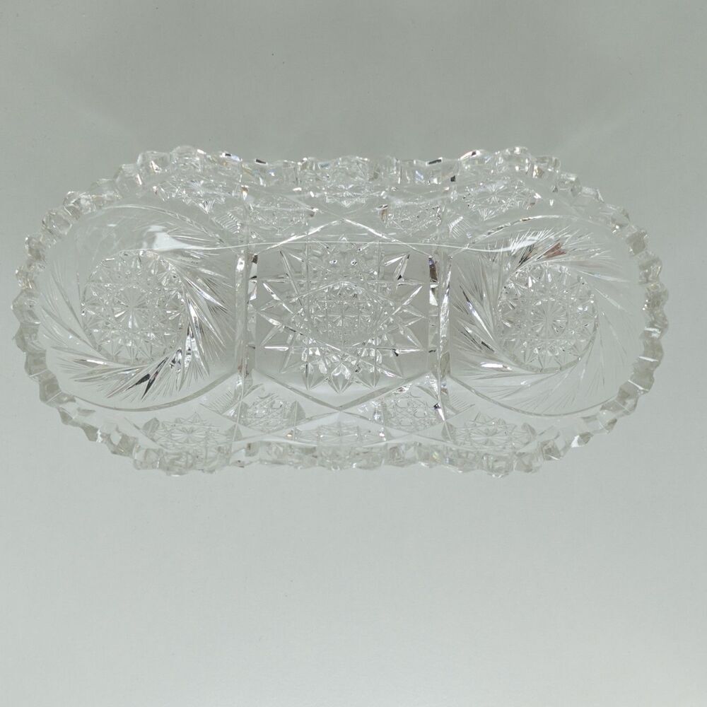 American Brilliant Cut Glass Pinwheel Hobstar Celery Relish Dish Sawtooth Edge